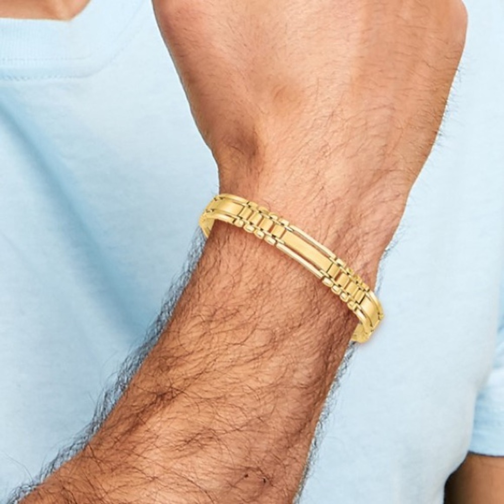 14k Polished and Satin 8.8mm Fancy Bar Link 8.5 inch Mens Bracelet - Picture 5 of 5